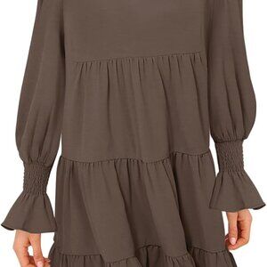 Women's Fall V Neck Flowy Ruffle Tiered Casual Midi Dress with Pockets